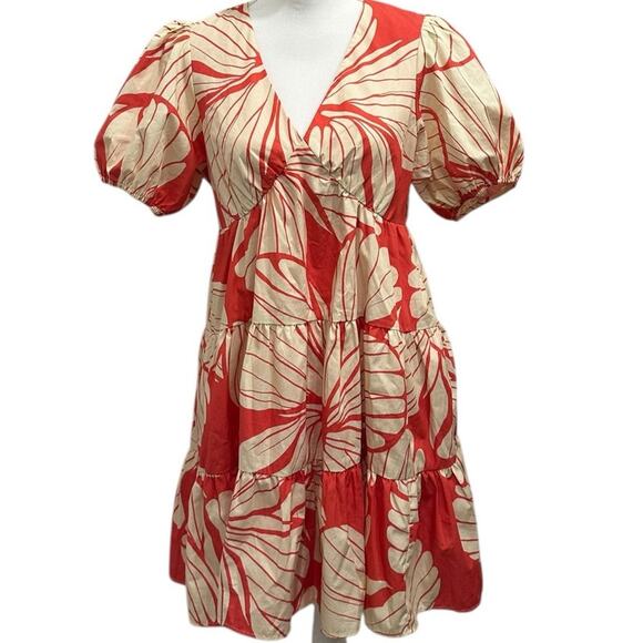 Hutch Coral Plumeria Print Puff Sleeve Tiered V-Neck Mini Dress Preppy Coastal - Picture 2 of 13